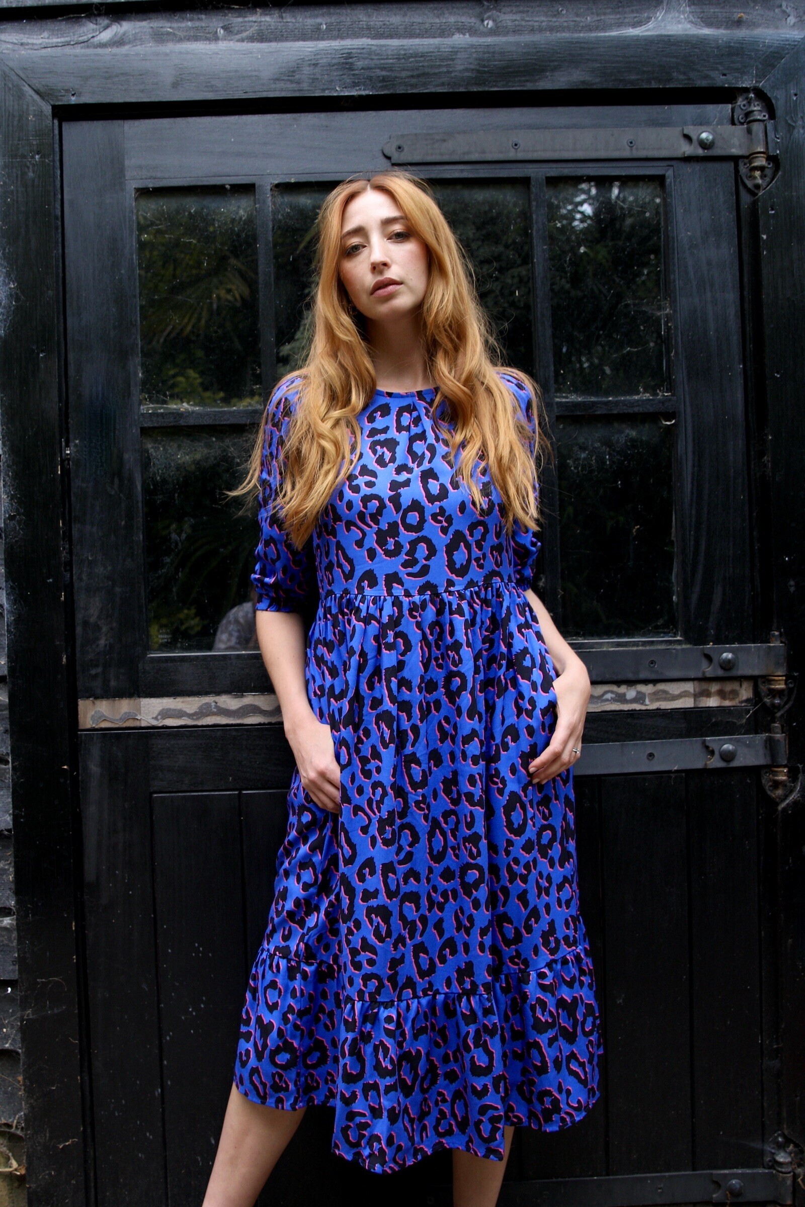 Aoki Blue Leopard Print Midi Dress, with puff shoulder, 3/4 sleeve & elasticated waist