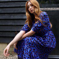 Aoki Blue Leopard Print Midi Dress, with puff shoulder, 3/4 sleeve & elasticated waist